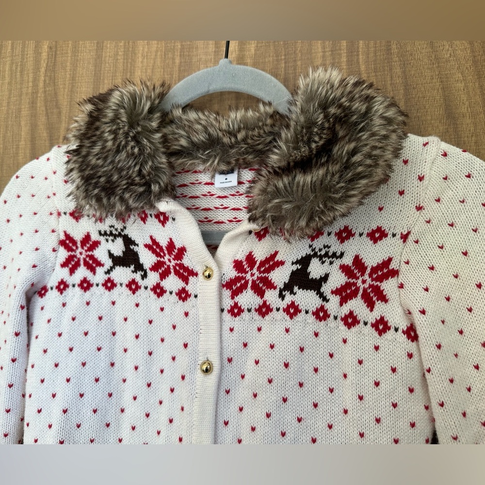 Janie and Jack knitted cotton argyle cardigan with faux fur collar - Picture 2 of 4